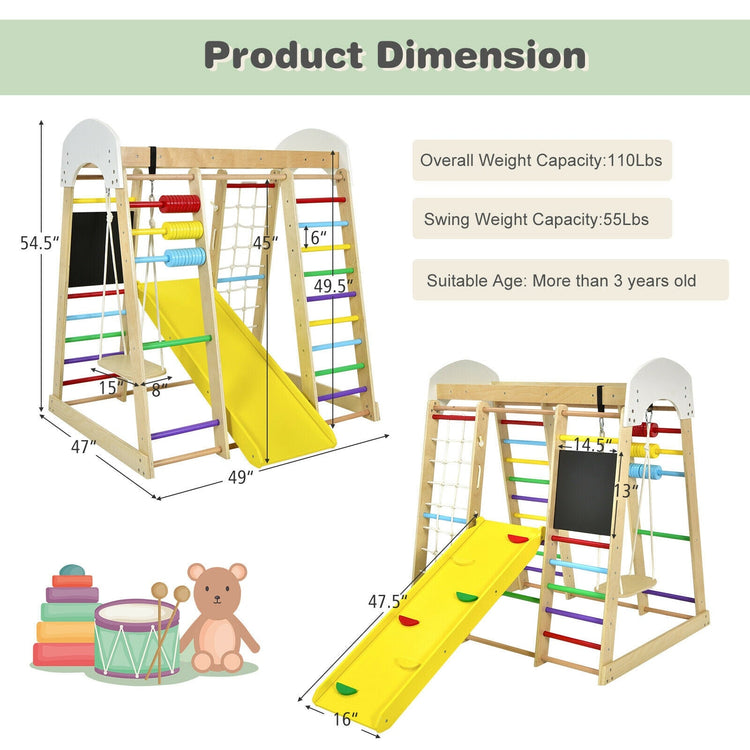 Gimnasio de escalada de madera 8 en 1 para interiores, ideal para niños (multicolor).