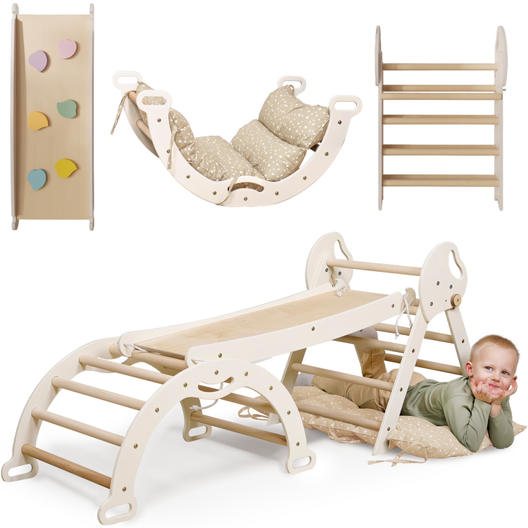 Set de escalada Montessori 4 en 1: Triángulo Pikler, arco, tobogán y cojín para niños pequeños (1 a 3 años)