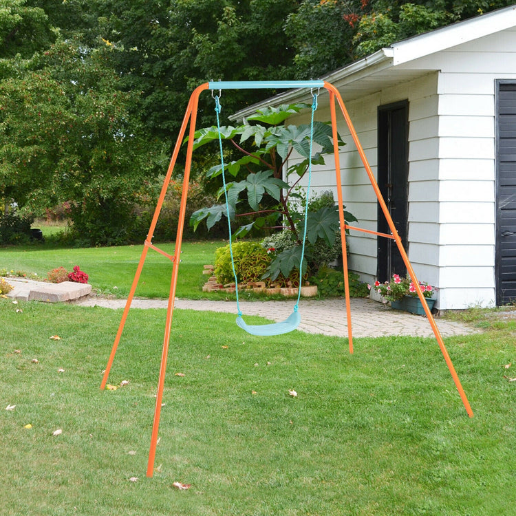 Columpio infantil de exterior con estructura metálica en forma de A de alta resistencia y estacas para el suelo - Naranja