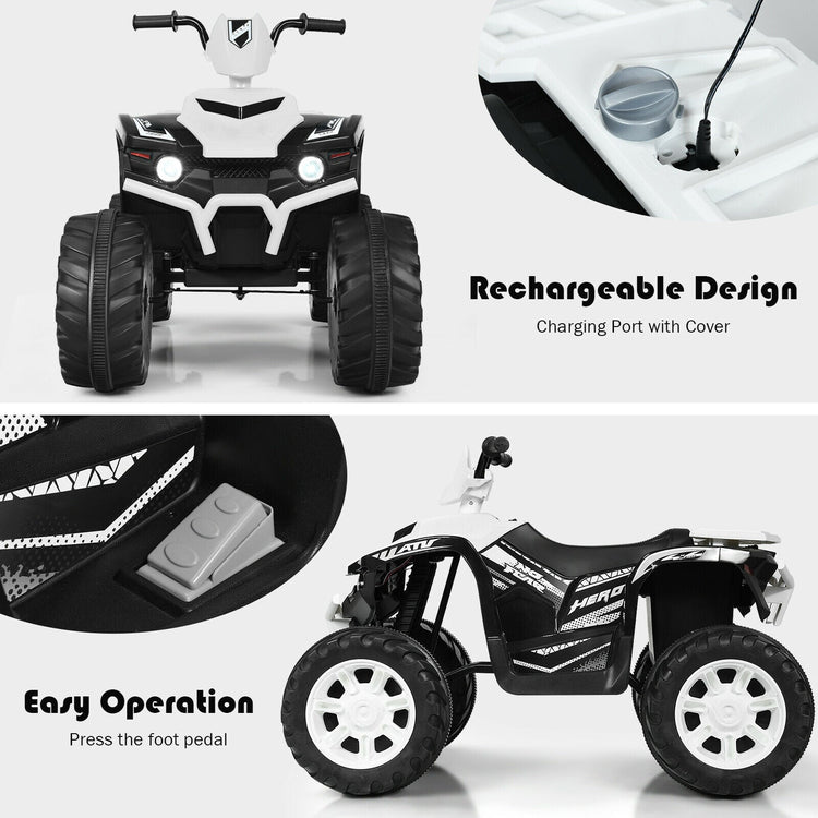Vehículo infantil de 12 V con quad, luces LED, neumáticos con banda de rodadura y luces LED (blanco).