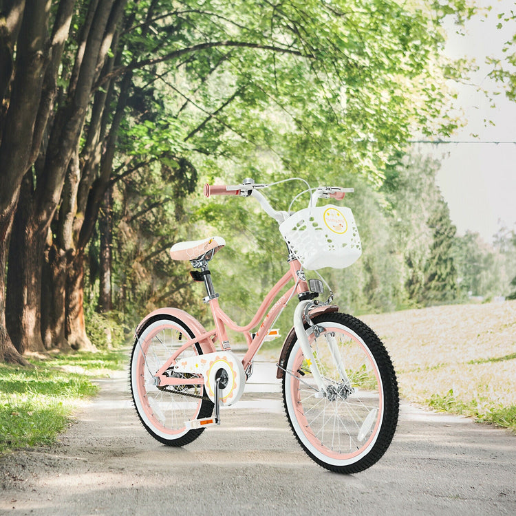 Bicicleta infantil ajustable de 18 pulgadas para niños pequeños con ruedines de apoyo - Rosa