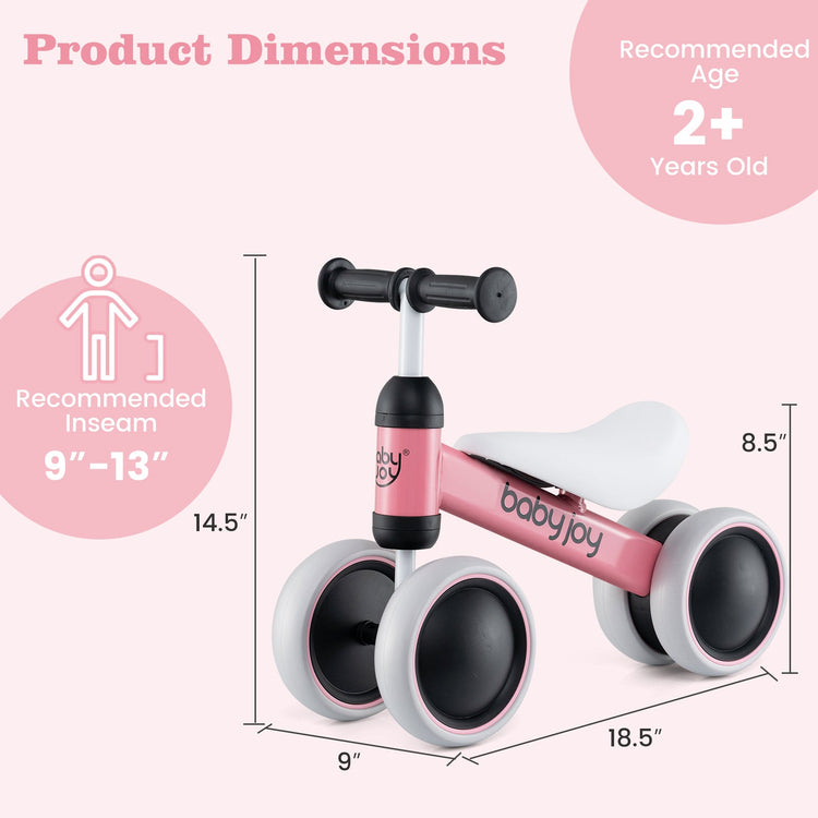 Bicicleta de equilibrio para bebés de 2 años, niños y niñas, sin pedales, 4 ruedas, rosa.