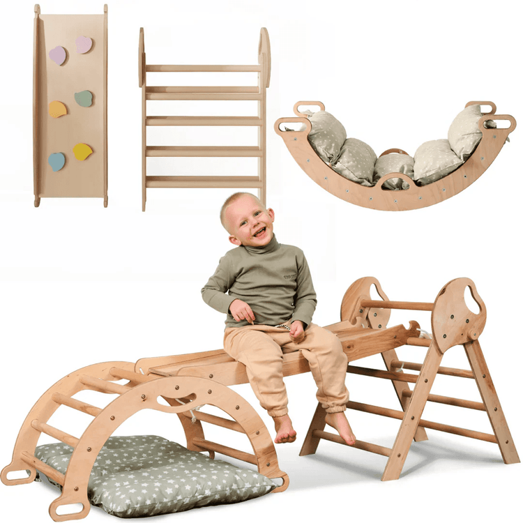 Set de escalada Montessori 4 en 1: Triángulo Pikler, arco, tobogán y cojín para niños pequeños (1 a 3 años)