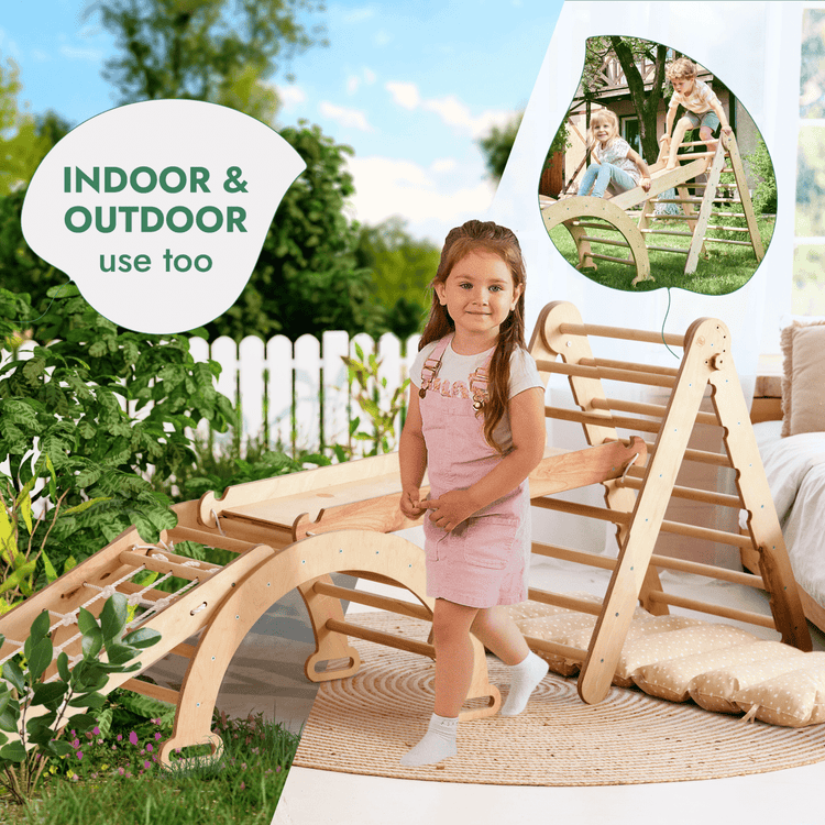 Juego de escalada Montessori 5 en 1: Escalera triangular + Arco/Balancín + Tabla/Rampa deslizante + Cuerda de red + Cojín