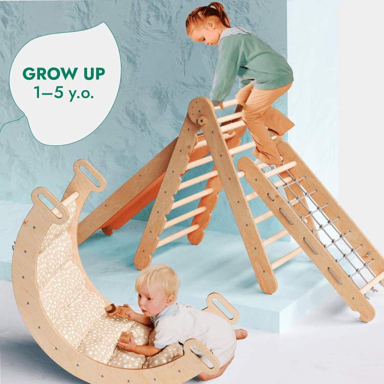 Juego de escalada Montessori 5 en 1: Escalera triangular + Arco/Balancín + Tabla/Rampa deslizante + Cuerda de red + Cojín