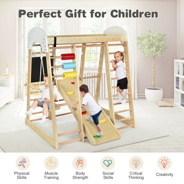 Gimnasio de escalada de madera 8 en 1 para interiores, ideal para niños (tejido natural).