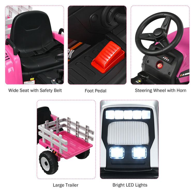 Tractor eléctrico de 12 V con pala cargadora de 3 velocidades para niños mayores de 3 años - Rosa