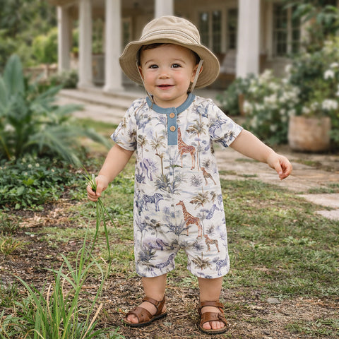Pelele corto de bambú para bebé niño con estampado de safari en la jungla