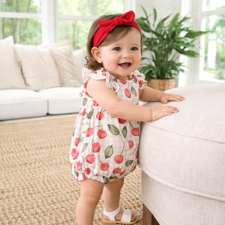 Mono de burbujas de bambú para bebé niña con estampado de picnic de cerezas