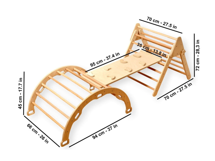 Parque infantil interior Montessori | Triángulo Pikler, arco de escalada, rampa y almohada 2 en 1