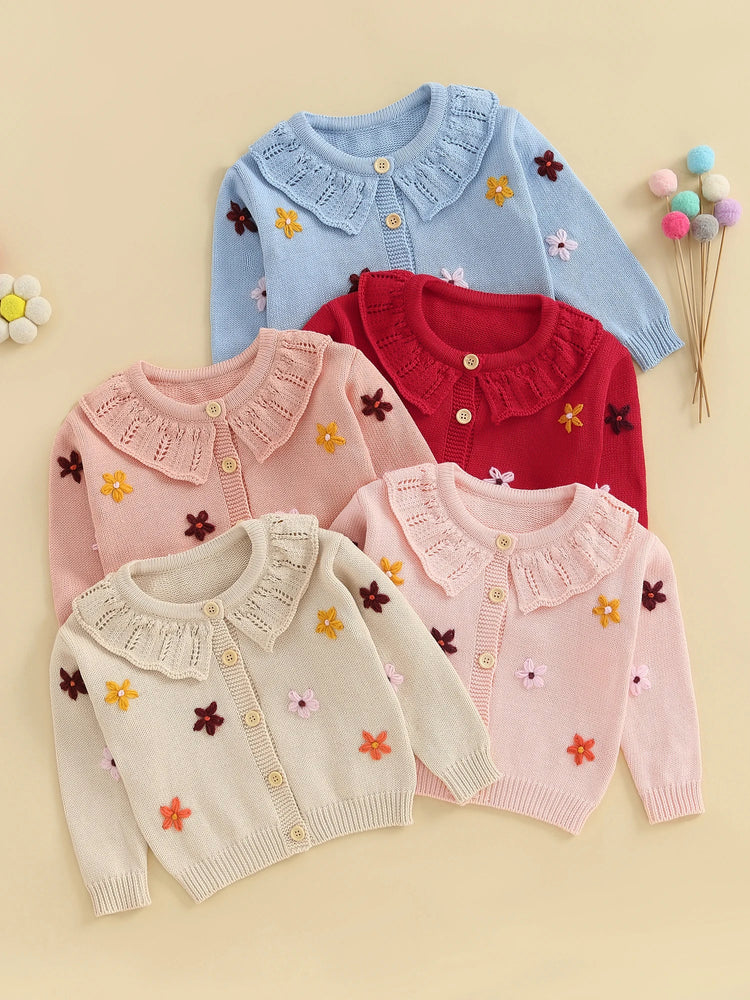 Suéter tipo cárdigan para bebé niña, diseño de flores en 3D, botones, manga larga, tejido
