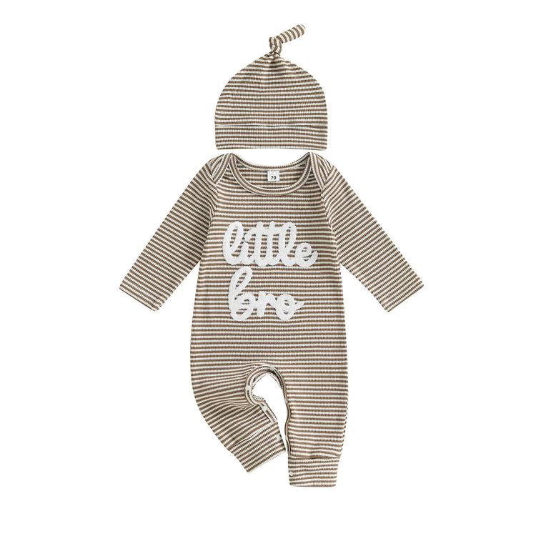 Mono de rayas de otoño para bebé niño, 2 piezas, manga larga, cuello redondo, letras, bordado, conjunto de gorro