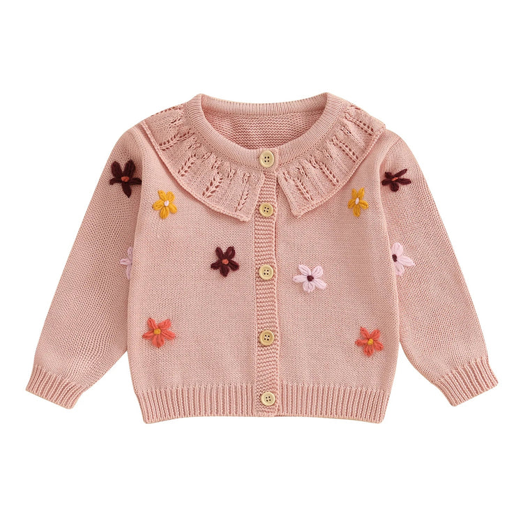 Suéter tipo cárdigan para bebé niña, diseño de flores en 3D, botones, manga larga, tejido