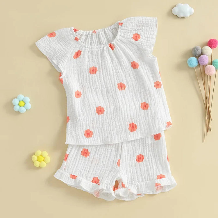 Conjunto de 2 piezas de camiseta con mangas cortas y cintura elástica con volantes para bebé y niña pequeña, conjunto de verano