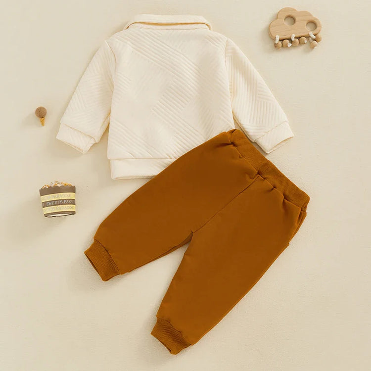 Conjunto de 2 piezas de otoño para bebés y niños pequeños, jersey de manga larga con solapa y media cremallera, conjunto de pantalones de color liso