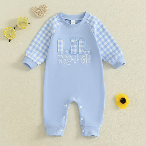 Mono de otoño para bebé niño pequeño Lil Brother con estampado de cuadros y letras bordadas, manga larga, cuello redondo y largo completo