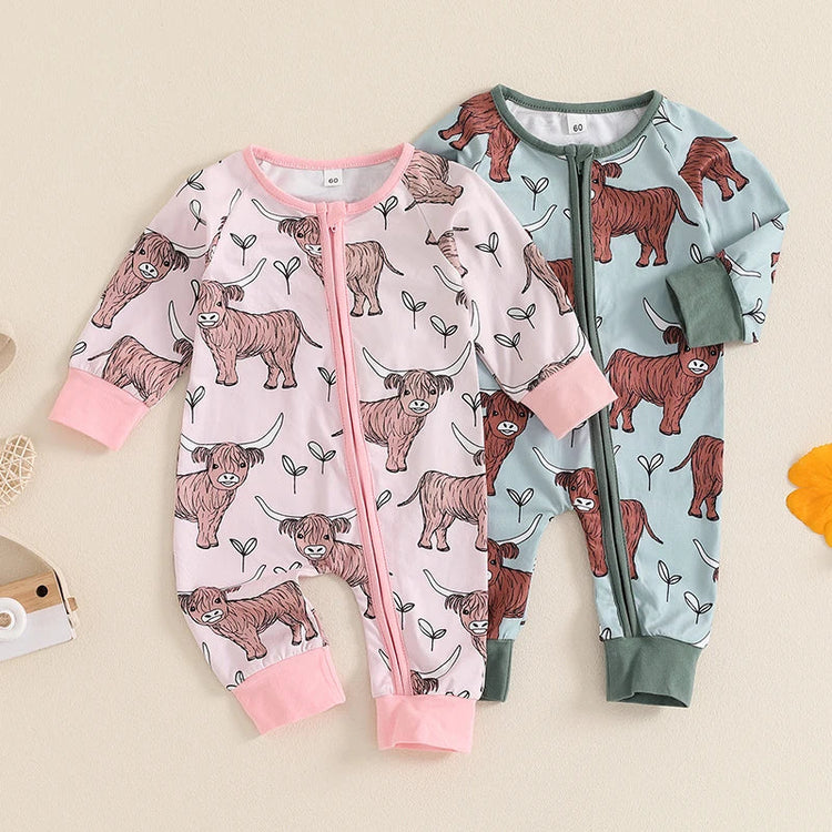 Mono de otoño con cremallera y manga larga con estampado de vaca de las Tierras Altas para bebés