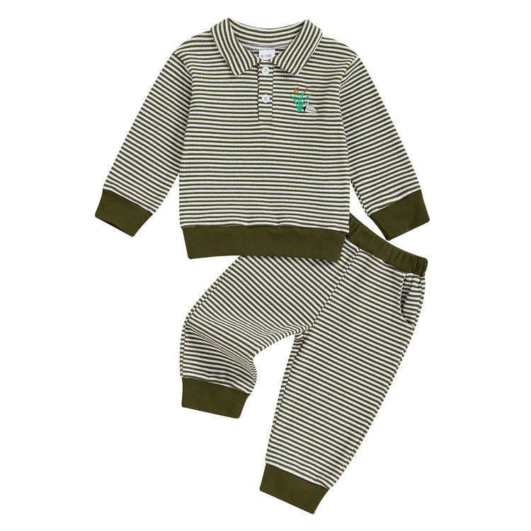Conjunto de ropa infantil de 2 piezas con top de pato bordado de manga larga y pantalones a rayas para bebés y niños pequeños