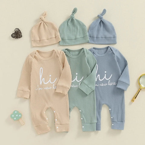Conjunto de 2 piezas de mono con estampado de letras, cuello redondo y manga larga con gorro para bebé, niño y niña