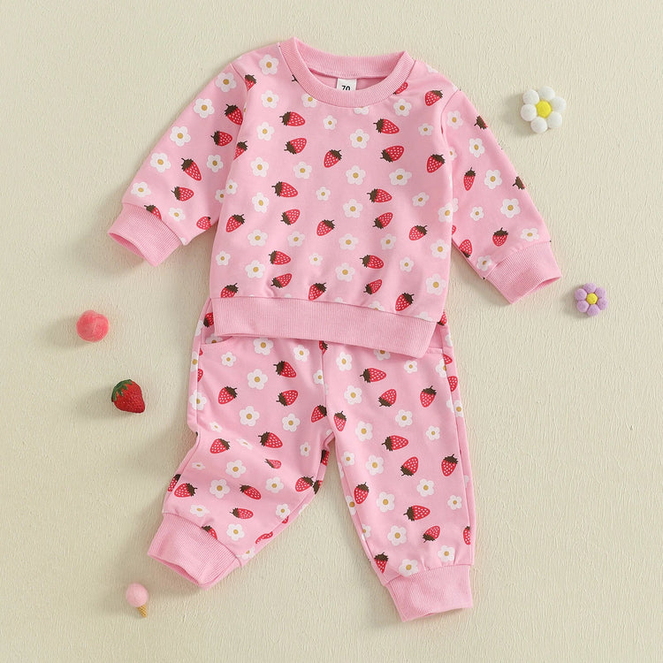Conjunto de 2 piezas de otoño para bebé niña, camiseta de manga larga con cuello redondo y pantalones deportivos con estampado de flores de fresa