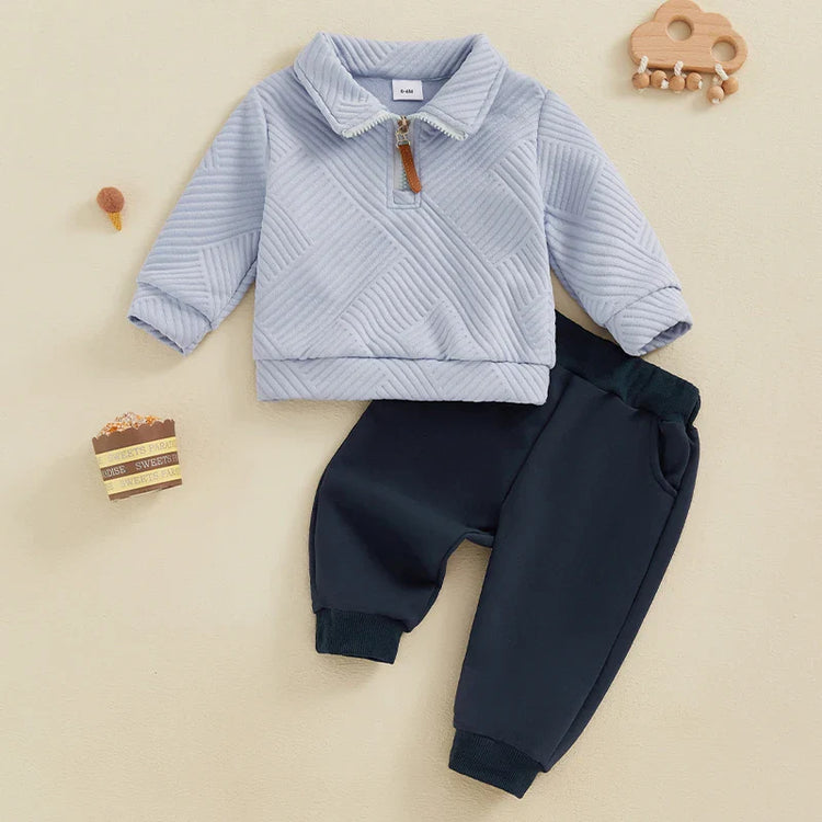 Conjunto de 2 piezas de otoño para bebés y niños pequeños, jersey de manga larga con solapa y media cremallera, conjunto de pantalones de color liso