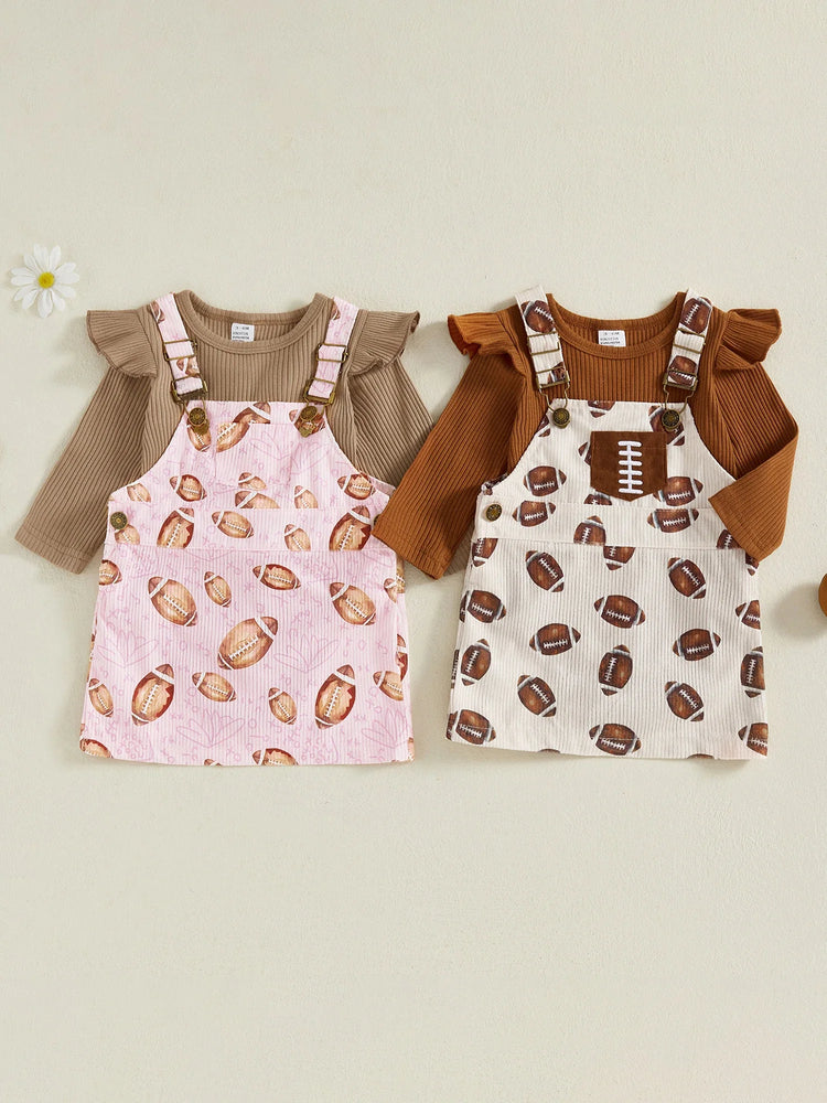 Conjunto de 2 piezas de ropa de otoño para bebés y niñas pequeñas, mono de manga larga y vestido con estampado de fútbol