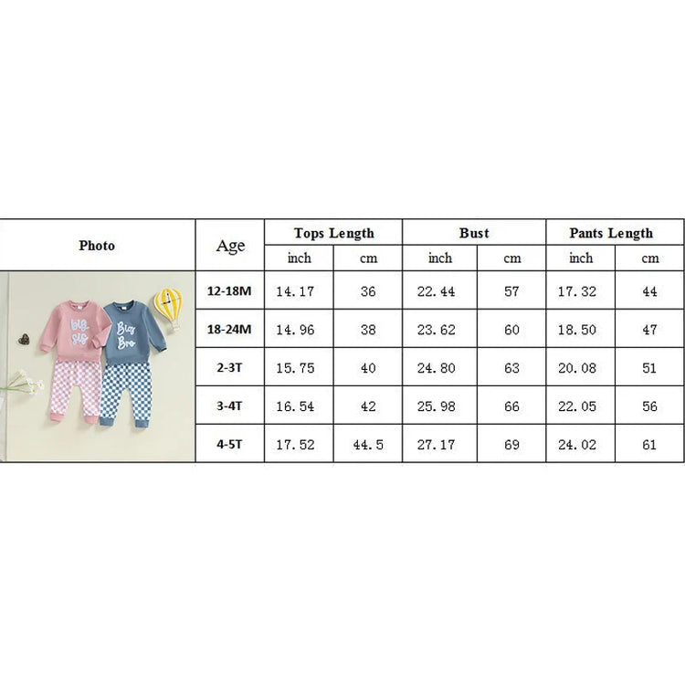 Conjunto de 2 piezas para bebé y niño pequeño, para hermano o hermana mayor, de otoño, con jersey de manga larga con bordado de letras y pantalones a cuadros