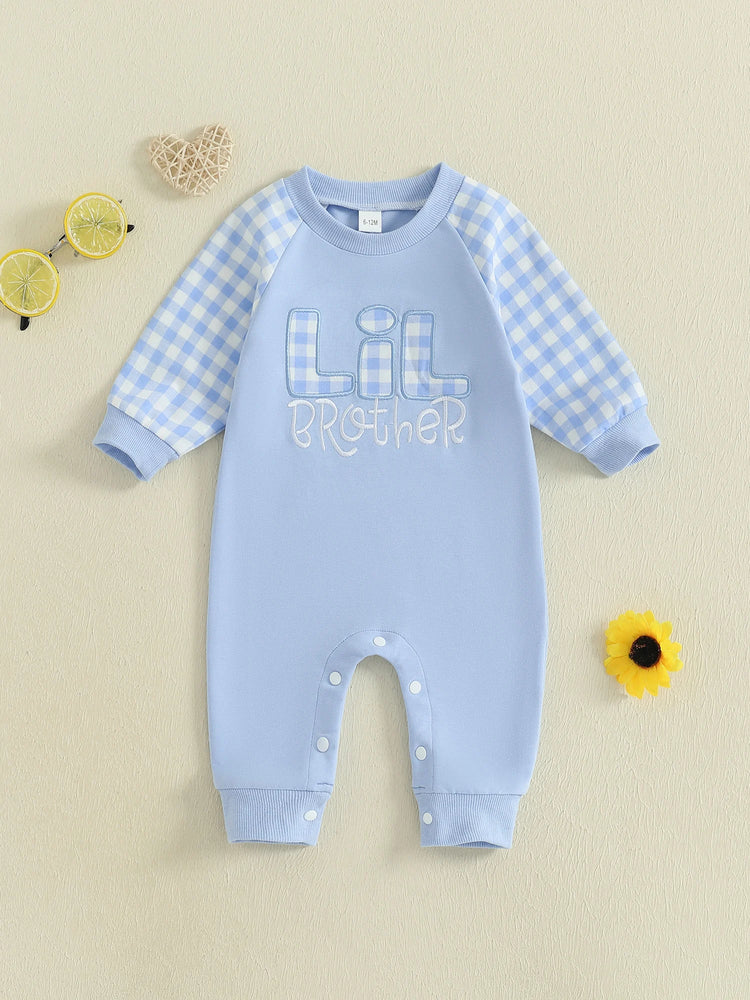 Mono de otoño para bebé niño pequeño Lil Brother con estampado de cuadros y letras bordadas, manga larga, cuello redondo y largo completo