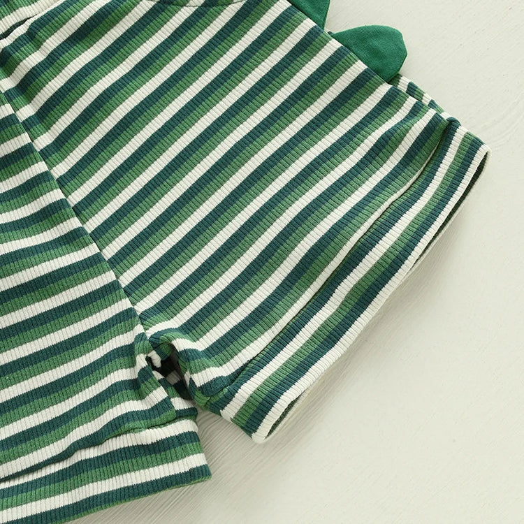 Conjunto de 2 piezas de dinosaurio a rayas para bebés y niños pequeños, camiseta sin mangas con cuello redondo, pantalones cortos con cintura elástica y bolsillos