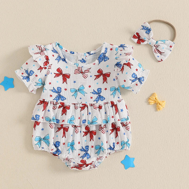 Conjunto de 2 piezas para niña bebé para el 4 de julio, con estampado de corazones y estrellas, cuello redondo con volantes, manga corta y diadema con lazo