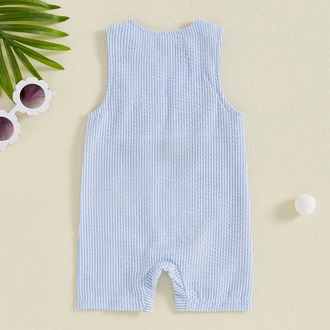 Mono de verano para bebé niño, sin mangas, cuello redondo, a rayas, bordado, carrito de golf