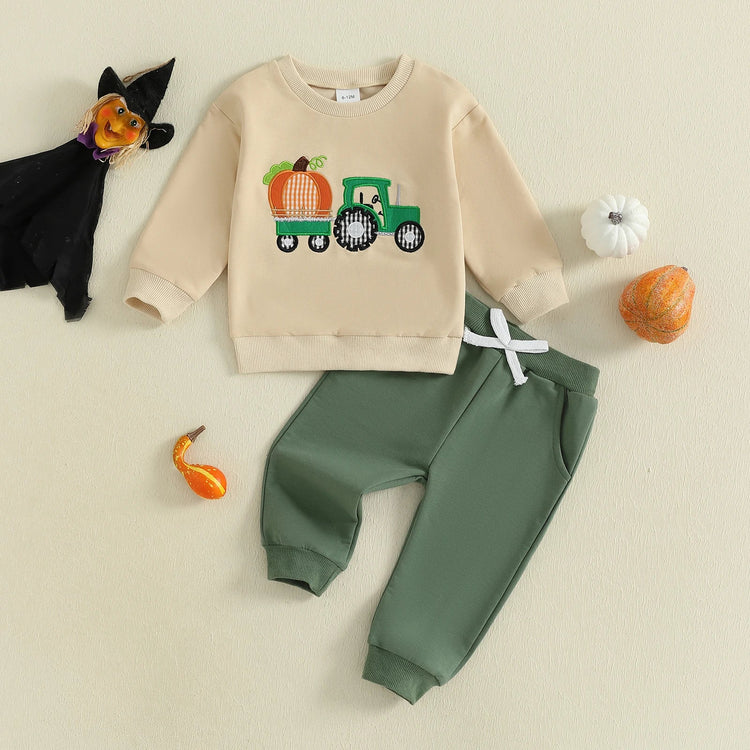 Conjunto de otoño para bebé niño, sudadera de manga larga con bordado de calabaza, pavo y tractor y pantalones elásticos