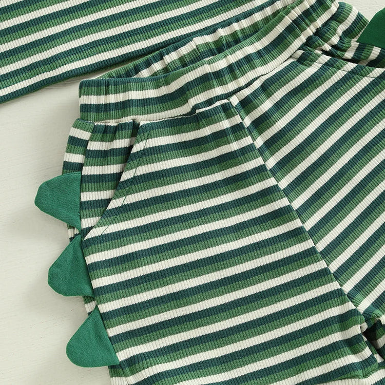 Conjunto de 2 piezas de dinosaurio a rayas para bebés y niños pequeños, camiseta sin mangas con cuello redondo, pantalones cortos con cintura elástica y bolsillos