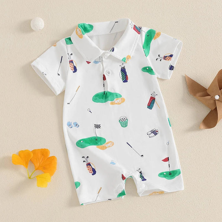 Mono de golf para bebé niño y niña, con cuello de solapa y botones, manga corta, ropa de verano