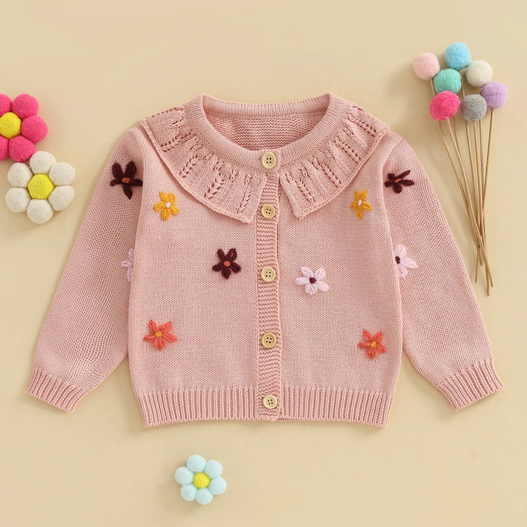 Suéter tipo cárdigan para bebé niña, diseño de flores en 3D, botones, manga larga, tejido