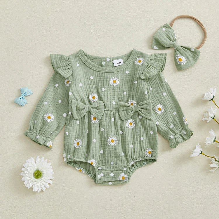 Mono de otoño para niña con estampado de margaritas, manga larga, cuello redondo, lazo y diadema