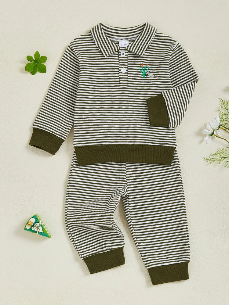 Conjunto de ropa infantil de 2 piezas con top de pato bordado de manga larga y pantalones a rayas para bebés y niños pequeños