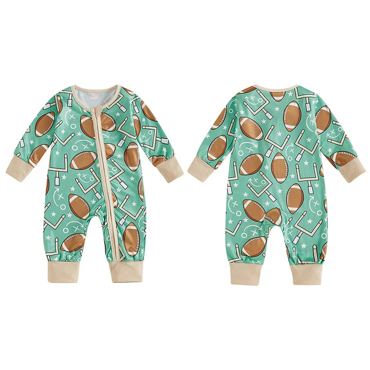 Mono de manga larga para bebé niño con estampado de fútbol y cremallera frontal para otoño