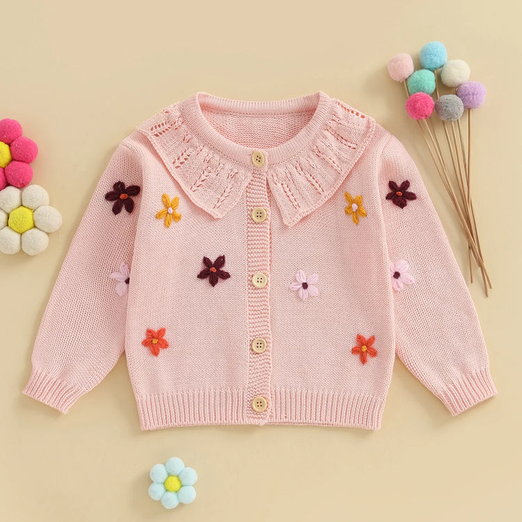 Suéter tipo cárdigan para bebé niña, diseño de flores en 3D, botones, manga larga, tejido