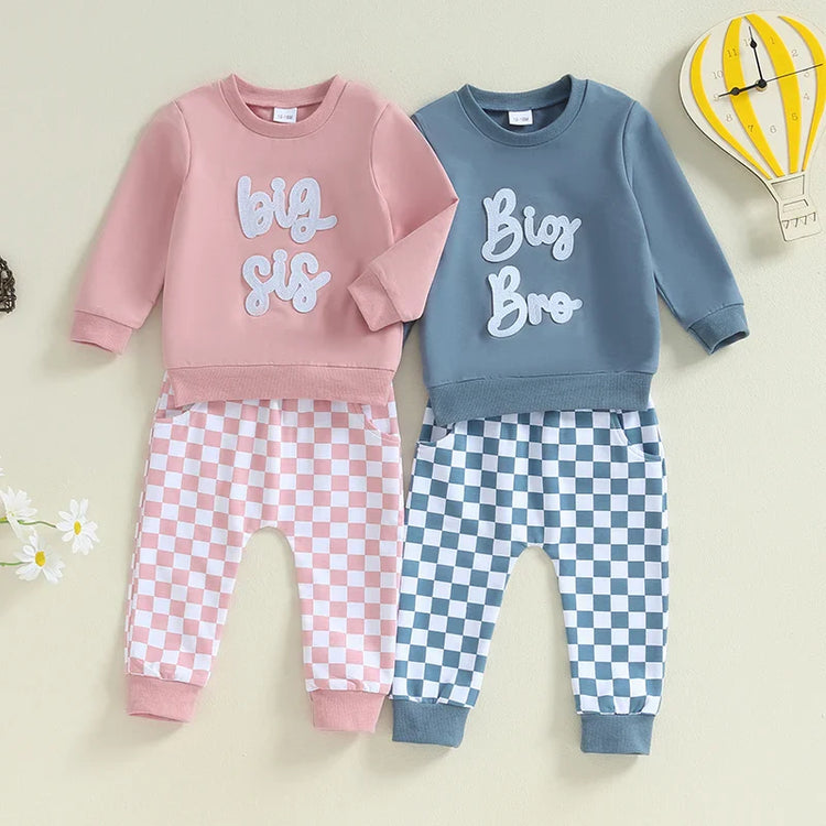 Conjunto de 2 piezas para bebé y niño pequeño, para hermano o hermana mayor, de otoño, con jersey de manga larga con bordado de letras y pantalones a cuadros