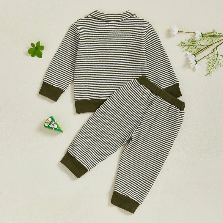 Conjunto de ropa infantil de 2 piezas con top de pato bordado de manga larga y pantalones a rayas para bebés y niños pequeños