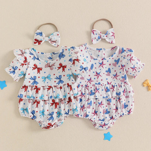 Conjunto de 2 piezas para niña bebé para el 4 de julio, con estampado de corazones y estrellas, cuello redondo con volantes, manga corta y diadema con lazo