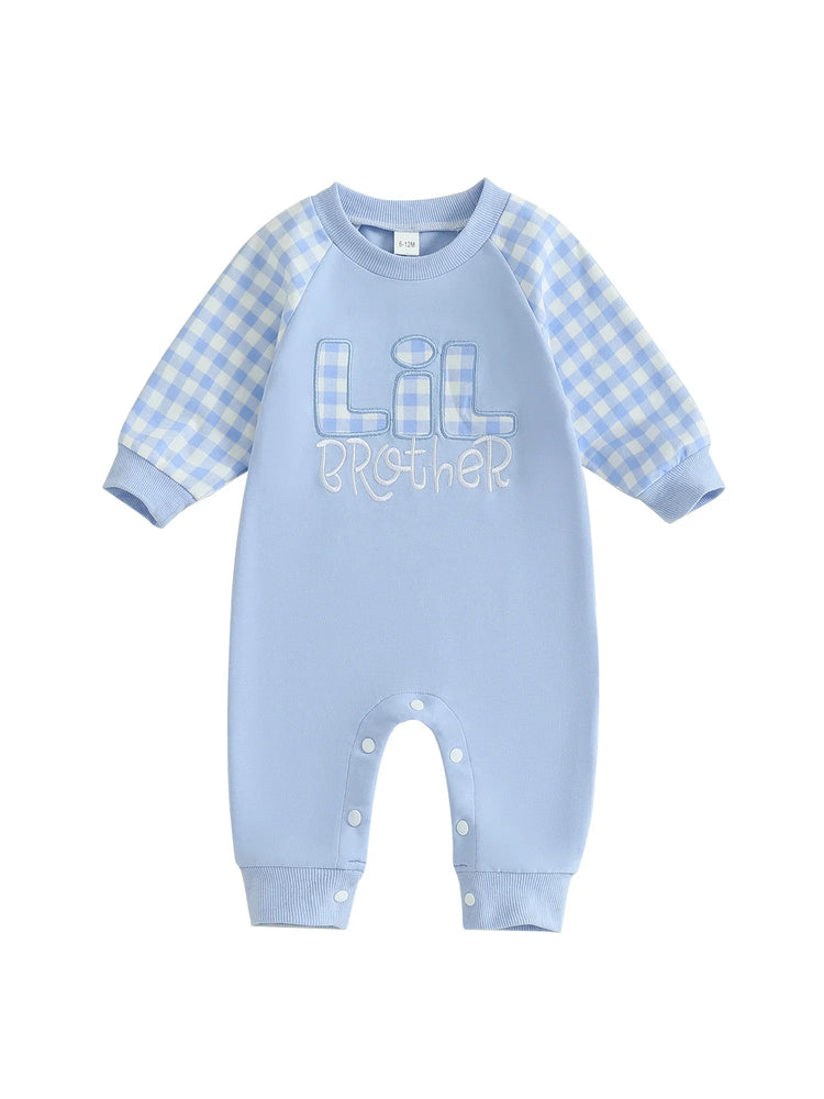 Mono de otoño para bebé niño pequeño Lil Brother con estampado de cuadros y letras bordadas, manga larga, cuello redondo y largo completo