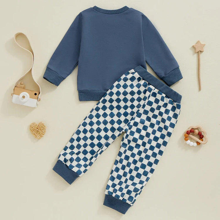 Conjunto de 2 piezas para niños y niñas, camiseta de manga larga con estampado de letras y pantalones a cuadros con cintura elástica y estampado de hermano mayor/hermana