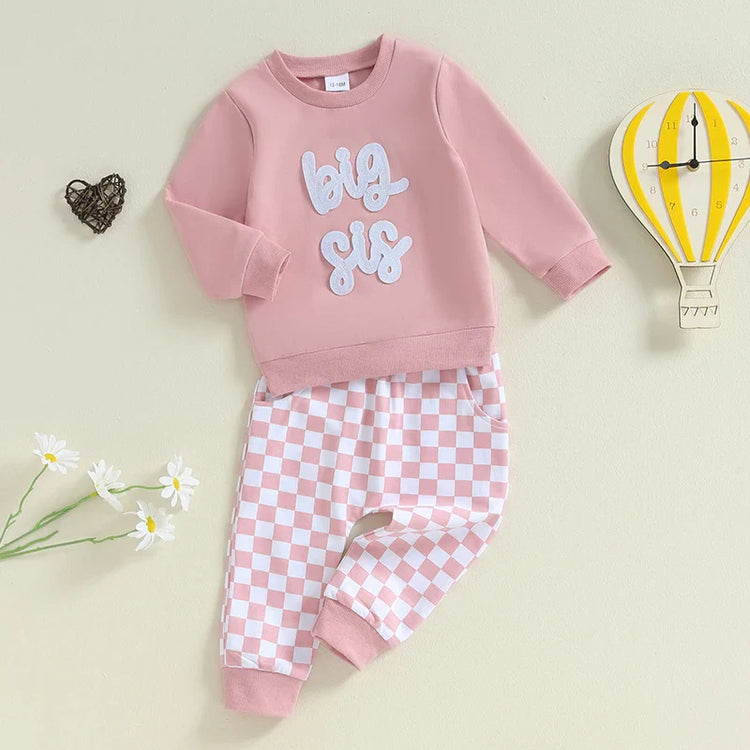 Conjunto de 2 piezas para bebé y niño pequeño, para hermano o hermana mayor, de otoño, con jersey de manga larga con bordado de letras y pantalones a cuadros