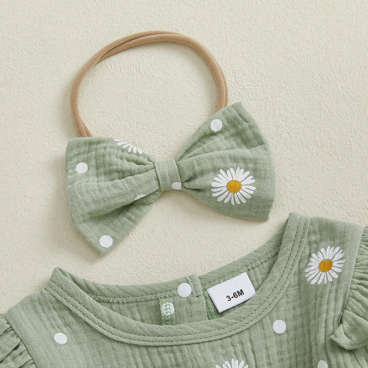 Mono de otoño para niña con estampado de margaritas, manga larga, cuello redondo, lazo y diadema