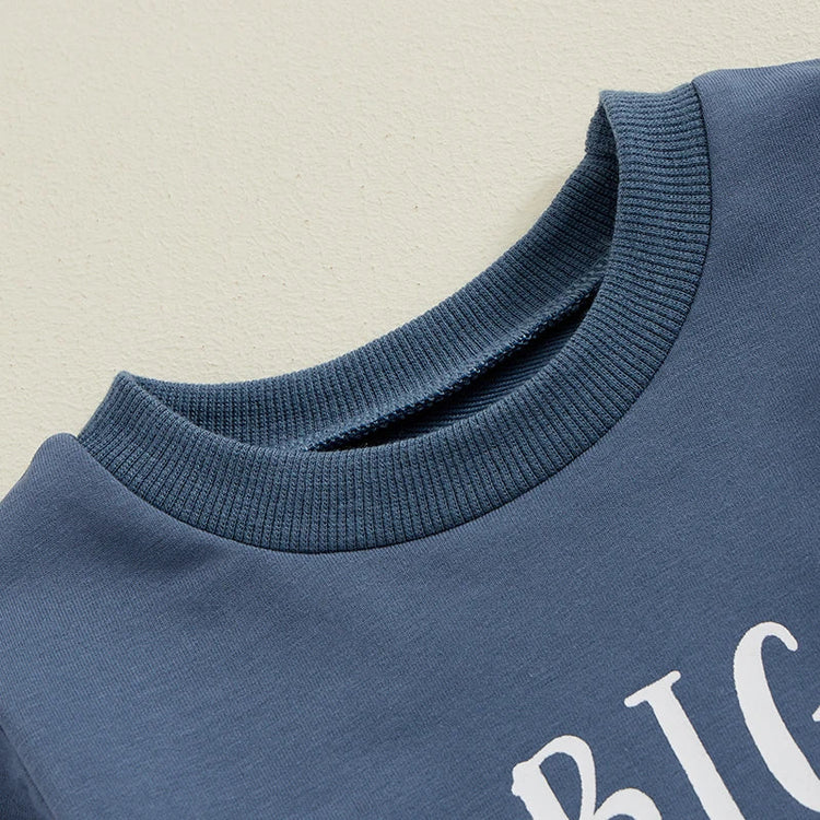 Conjunto de 2 piezas para niños y niñas, camiseta de manga larga con estampado de letras y pantalones a cuadros con cintura elástica y estampado de hermano mayor/hermana