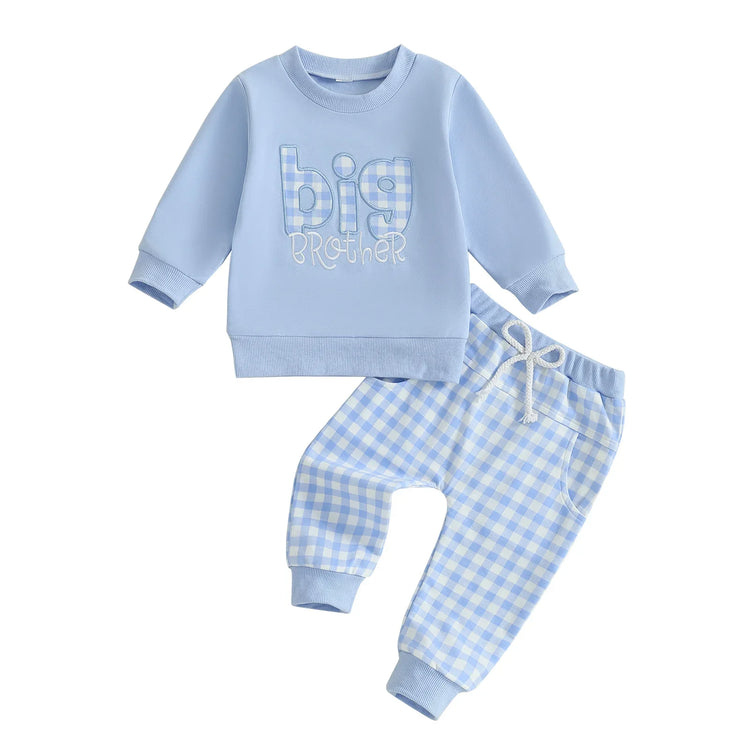 Conjunto de 2 piezas para bebé niño pequeño, otoño, con letras bordadas, camiseta de manga larga y pantalones elásticos a cuadros
