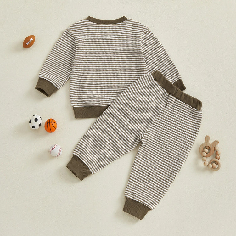 Conjunto de ropa para bebé niño pequeño, 2 piezas, otoño, con bordado de rugby, camiseta de manga larga a rayas y pantalones elásticos
