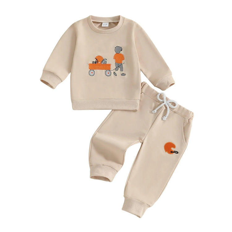 Conjunto de 2 piezas de pantalones deportivos con cordón y parte superior bordada de fútbol de manga larga para bebés y niños pequeños de otoño